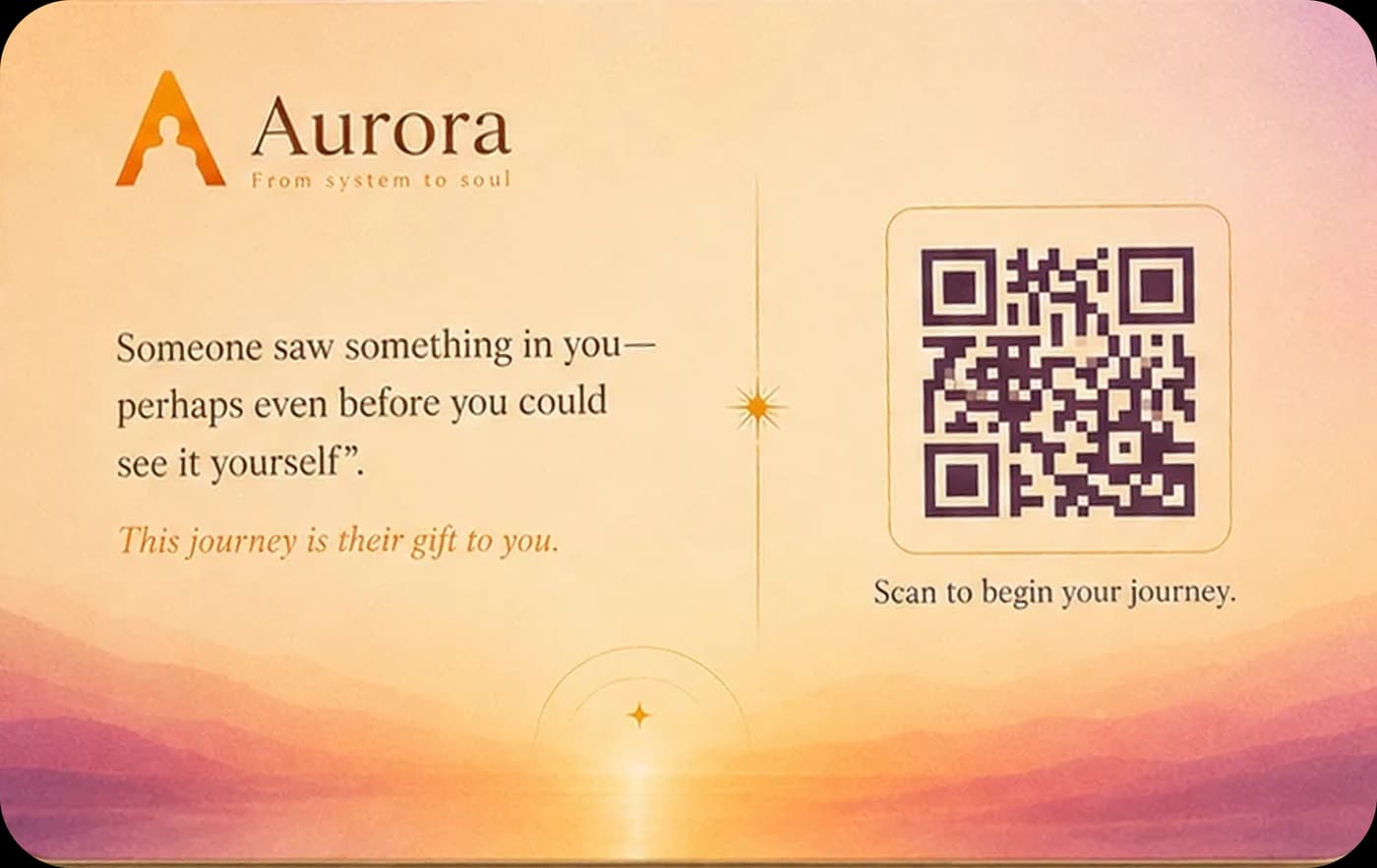 The back of the Aurora Gift Card: Someone saw something in you, perhaps even before you could see it yourself. This journey is their gift to you.